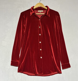 Monterey Bay Velvet Blouse Shirt Womens M Red Button Up Collared Top